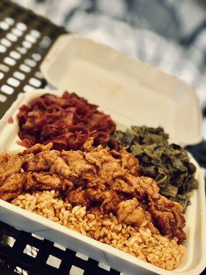 Spare Ribs with brown rice, cabbage, and collards