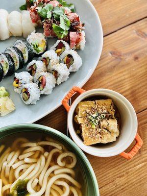 Tempura Udon Noodle Soup, Agedashi Tofu and sushi rolls