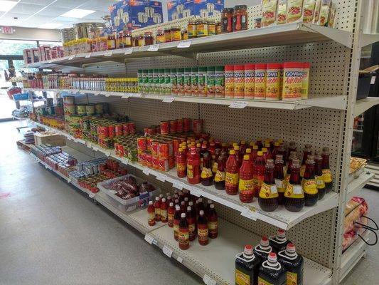 Oil, canned goods, seasonings, dried arbol peppers, jarred sauces.