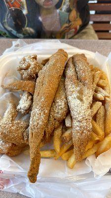 Fried Whiting, wings and fries.