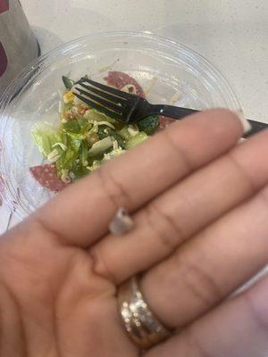 Was in my food. Plastic cap that I assume came from a salad dressing container