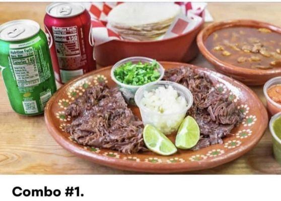 Combo #1: 
1 lb of Barbacoa (beef cheek) , large 32 oz menudo , 15ct tortillas , 2- 12 oz drinks