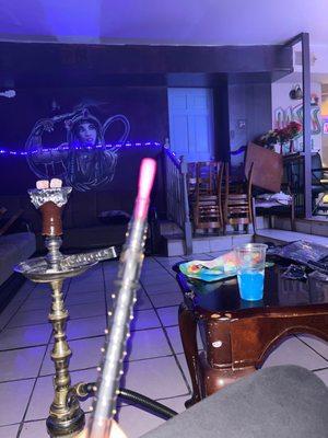 Smoking blue mist great hookah !  Chill spot to hang out with friends