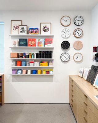 Beautiful clocks by Lemnos and pencils and markers from all over the globe.