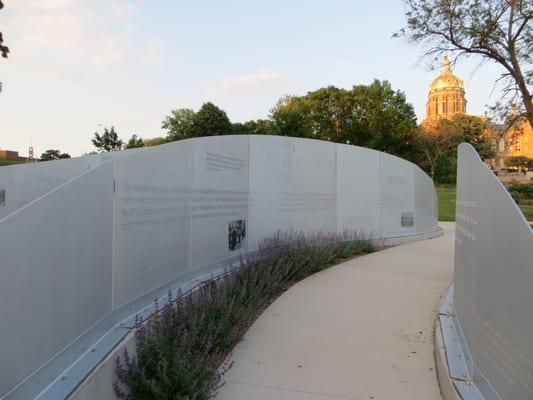 The Holocaust Memorial and the Iowa State Capitol in the background