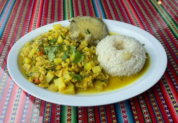 A traditional Afro-Peruvian trip stew with potatoes, mint, and aji amarillo