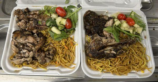 Jerk chicken with chow mein ( noodles)