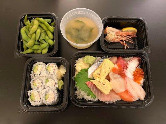 Take out- On the left: Edamame, California Roll. On the right: Deluxe Chirashi Don