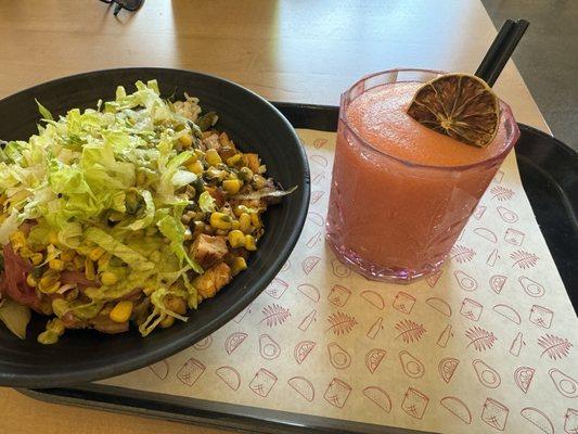 Chicken bowl and a prickly pear margarita