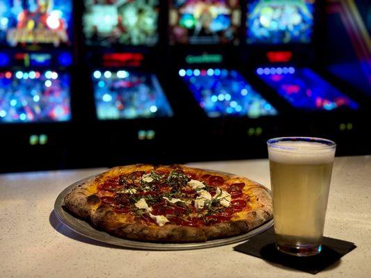 Eclipse Pizza & A 3 Sons Lite Crispy Bois Pilsner at Satellite Pinball Lounge