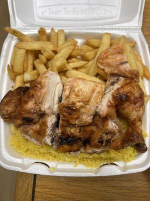 Half chicken with rice and fries