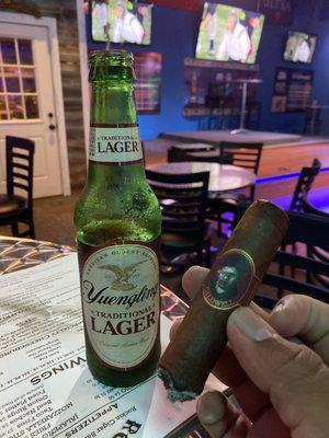 Yuengling lager and a Caldwell blind mans bluff maduro cigar