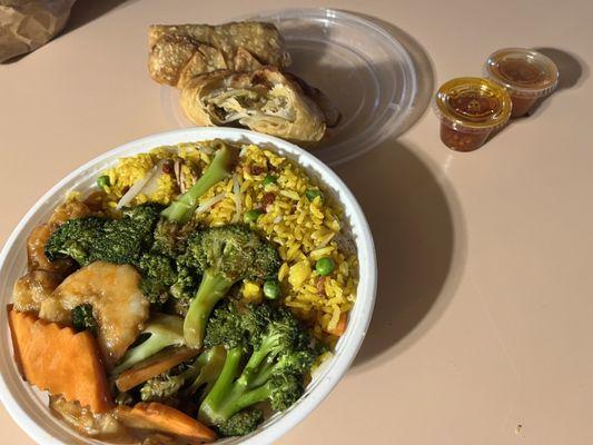 Shrimp and broccoli lunch combo and beef roll