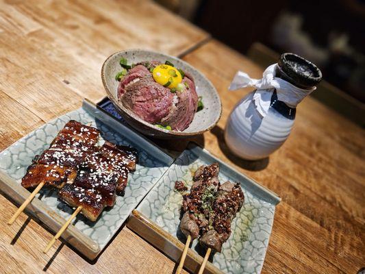 Sake, eel, garlic beef, wagu beef don