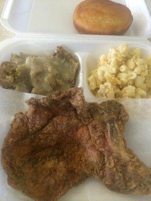 Fried pork chop, dressing, mac&cheese