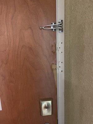 Door frame busted in and the security bar moved  each time.