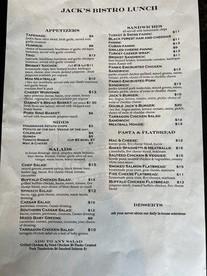 Jack's Bistro Lunch Menu