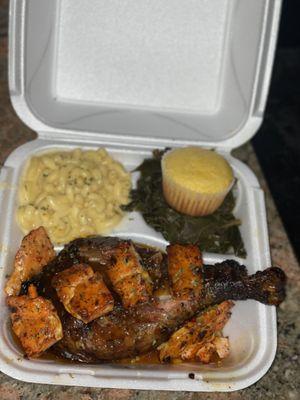 Surf and Turf Smoked Turkey Leg Meal with Mac and Cheese & Collard Greens