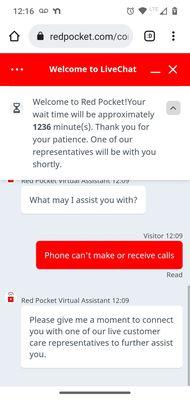 Screenshot of Red Pocket  live chat with wait time estimated to be over 20 hours (1,200 minutes).