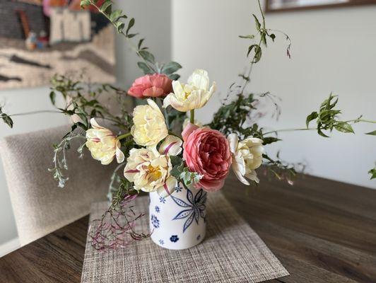 David Austin roses, tulips and jasmine.