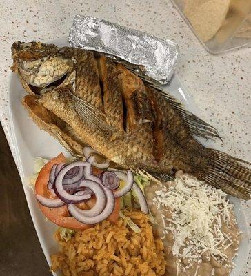 Mojarra Frita with Rice , Beans, and Salad