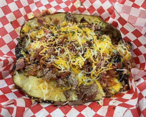 Stuffed Large Baked Potato; the brisket and bacon really hit the mark!