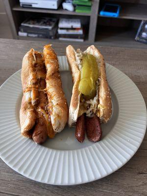 Chili cheese dog and a Polish