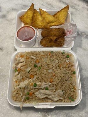 Large chicken fried rice, egg rolls, crab Rangoon (6) but I ate 2 before taking photo.