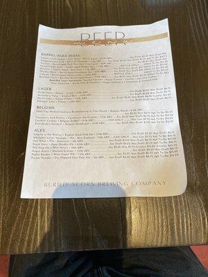 Beer menu