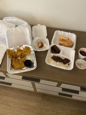 White rice, black Rice, Beans and Platanitos