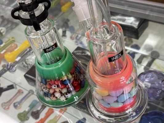 Glass water pipes including Inex brand