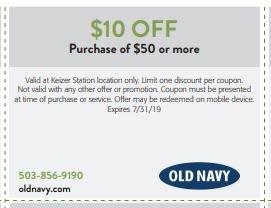 $10 off purchase of $50 or more at Old Navy