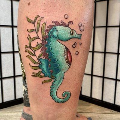 Neo-trad seahorse designed by Shawna