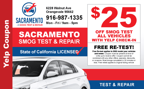 Yelp Coupon - Sacramento Smog Test & Repair - applicable to any vehicle year, make or model including Heavy Trucks, Vans and RVs