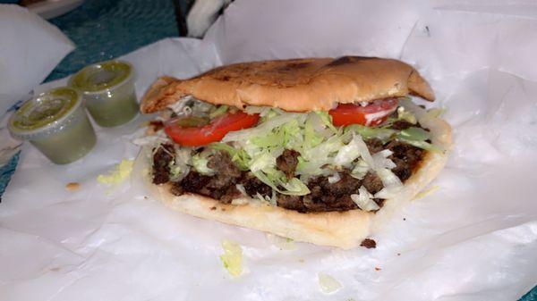 Looks messy but the taste is AMAZING! Super Torta de Carne Asada