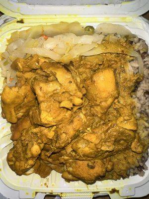 curry chicken, cabbage, and rice & peas