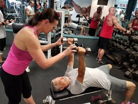 Elbow extensions with dumb bells with my client, Al.