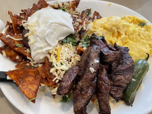 Steak and scrambled egg Chilaquiles best served fresh. It's gigantic, savory and I had plenty afterwards to take home.