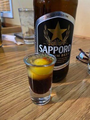 Uzura (shot glass) and large Sapporo