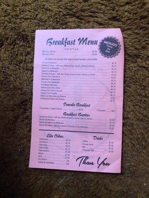 Breakfast menu