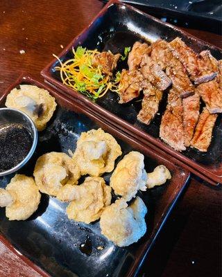 Tempura mushrooms and teriyaki beef