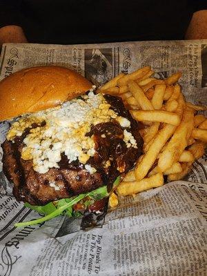 Burger meat was juicy and cooked to perfection, the caramelized onions and Blue cheese with the bacon -OMG Delish!!