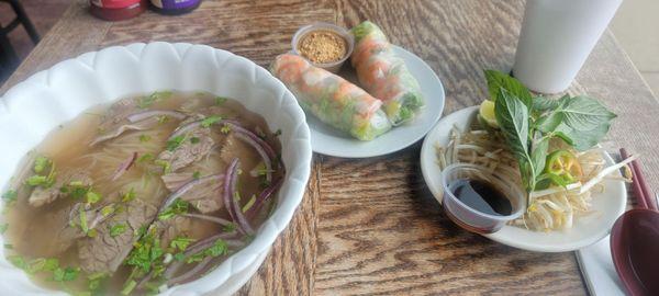 Beef pho, shrimp spring rolls.