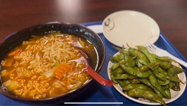 The spicy Vege Ramen and a side of Garlic Edamame