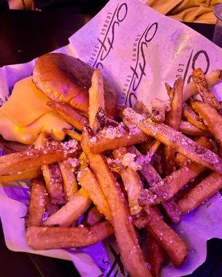 Burger and Garlic Parmesan Fries