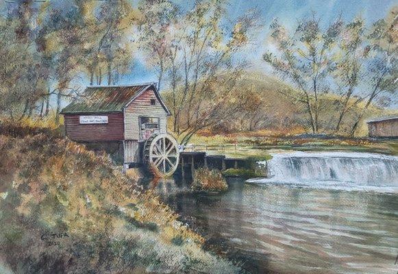 New watercolor by Chuck Tupa of Hydes Mill stone dam.