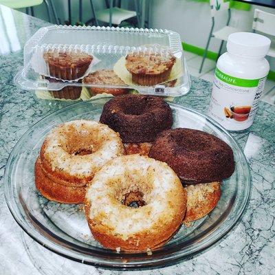 Delicious protein donuts with a hot tea or protein coffee