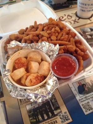 Clam strips and fried okra with broiled scallops