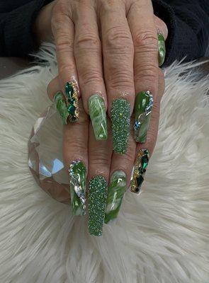 Long Jade, Emerald and Gold Acrylic Nails with Swarovski Crystals