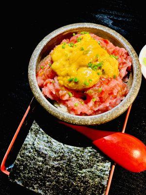 Negi Toro - bluefin toro & Uni served with seaweed on the side for your own DIY hand roll